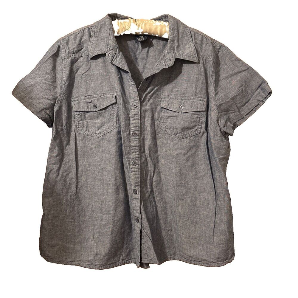 Women’s Faded Glory Short Sleeved Blue Chambray Collared Top Blouse Size XL